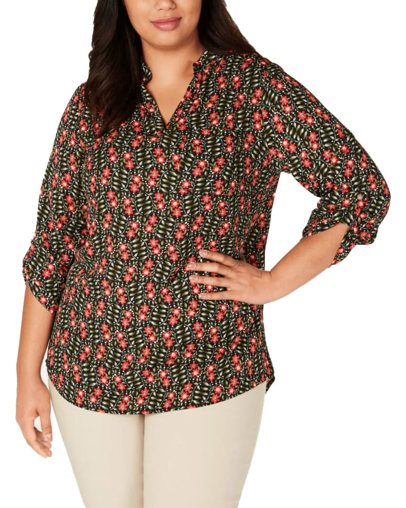 Front of a model wearing a size 1X NY Collection Women's Plus Floral Print High Low Top Black Size 1X in Black by NY Collection. | dia_product_style_image_id:311230